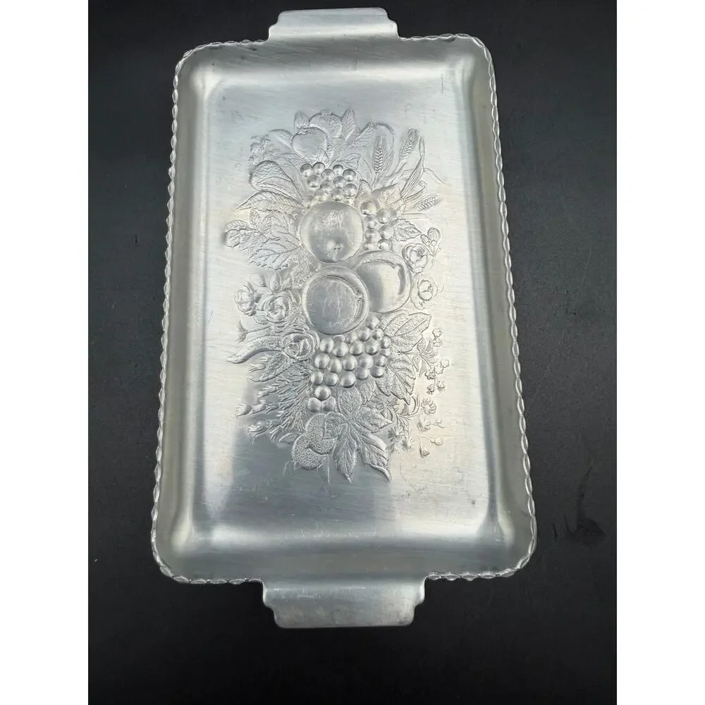 Vintage Aluminum Snack Trays Fruit Design 4x7 Set of 4 Embossed Mid Century